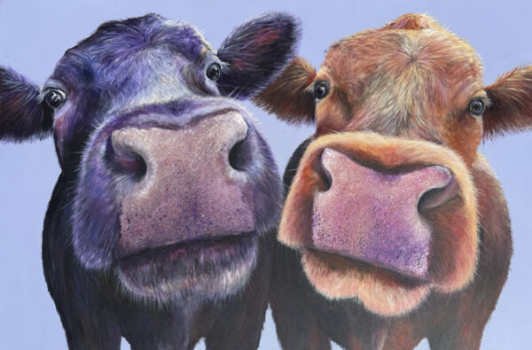 cow painting, two cows, brown cow, black cow